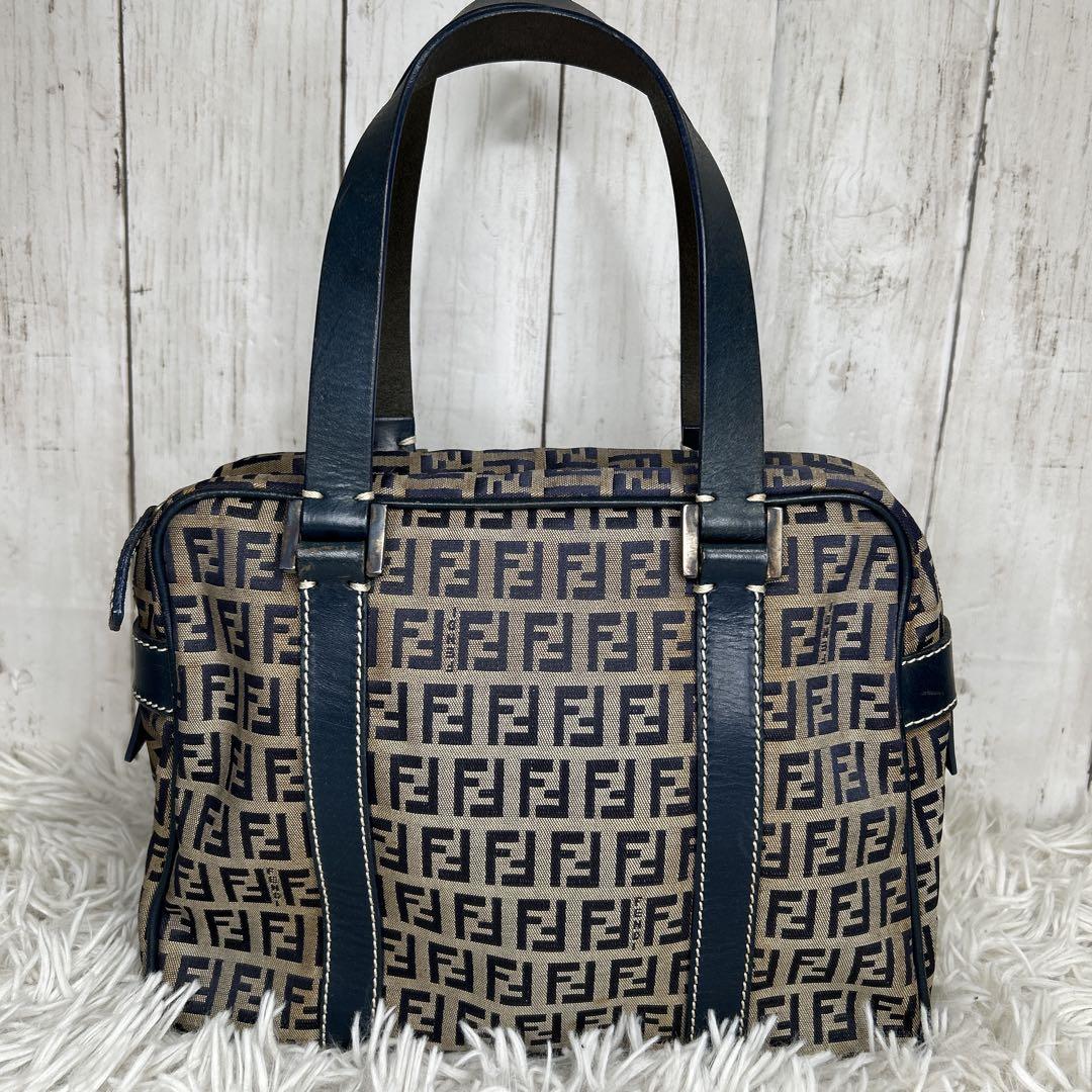 FENDI ハンドバッグ　ミニボストンバッグ　　ズッキーノ　ズッカ　レザー　紺