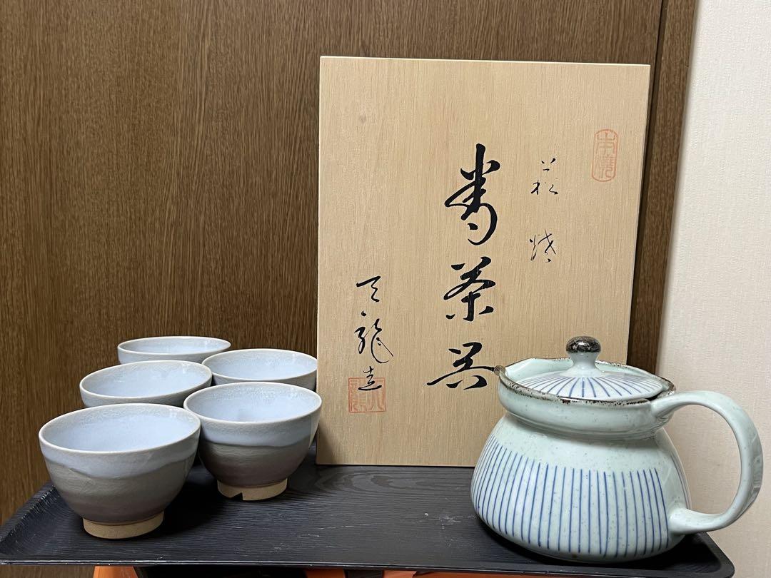 【良品】急須と茶碗6個セット 萩焼天龍窯　茶こし付茶器揃商品番号10124673