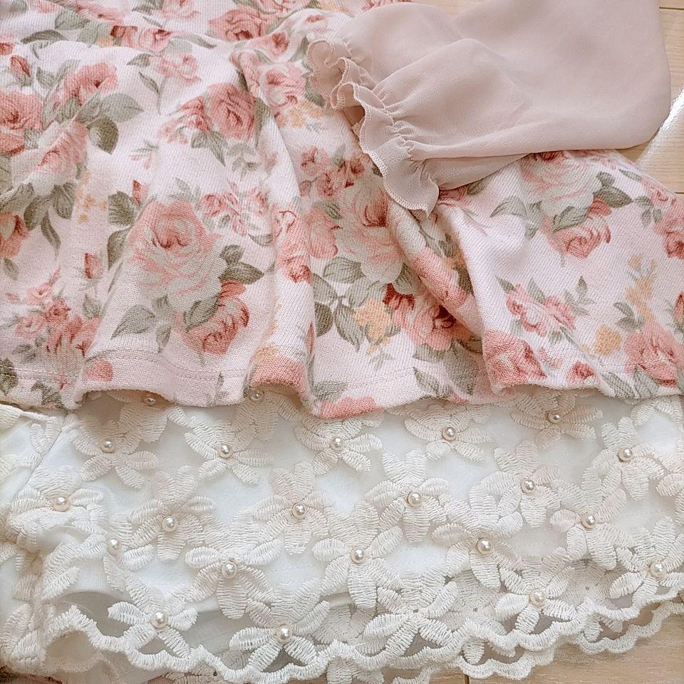 【タグ付】LIZLISA ピンク　長袖　ブラウス　シフォン　トップス LIZLISA リズリサ ピンク ローズ柄♪袖シフォン 花柄 ペプラム