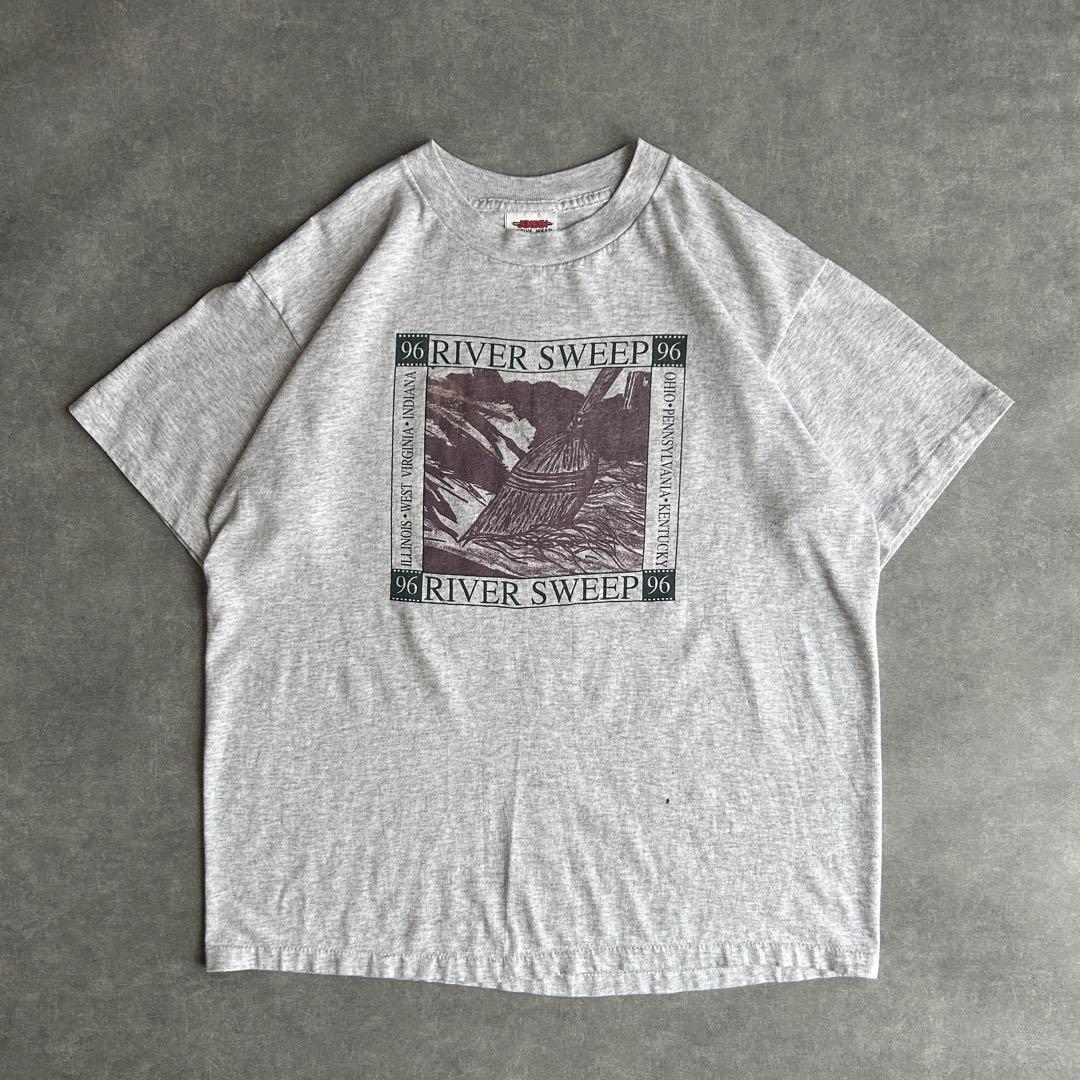 90s アートプリントTシャツ USA製 シングルステッチ 川 箒 スポンサー