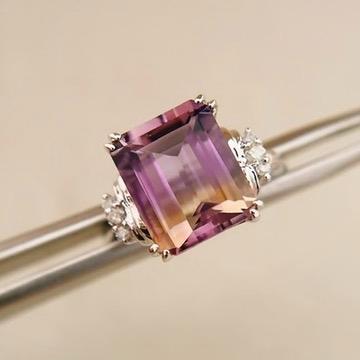 鑑別付 SV 天然石 バイカラーアメトリン ダイヤモンド シルバーリング 美品