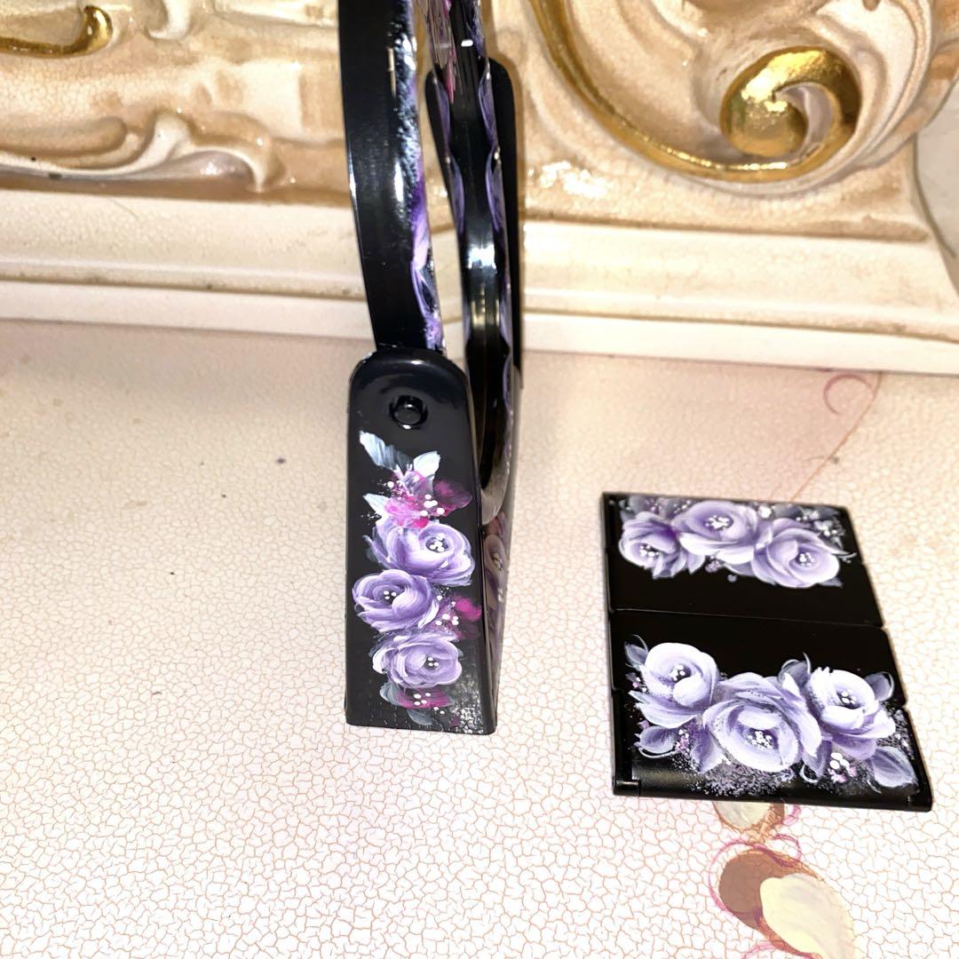 三面鏡　スタンドミラー　ミニ三面鏡セット薔薇　手描き　トールペイント スタンドミラー ミニ三面鏡セット 薔薇 手描き トールペイント