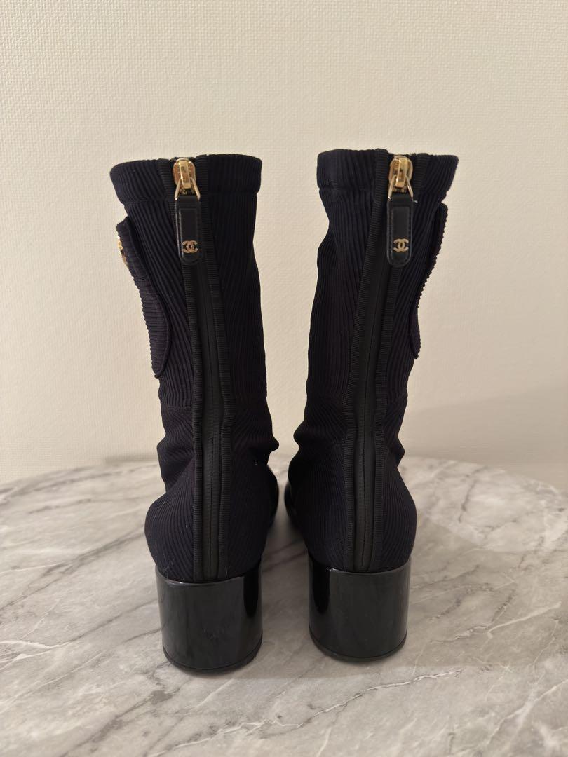 CHANEL ニット ソックス ショート レザー ブーツ 38 24cm