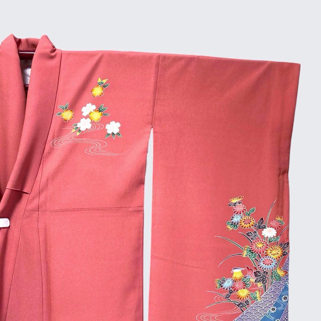 良品✨】東レシルック 振袖 洗える着物 中紅色 四季草花模様