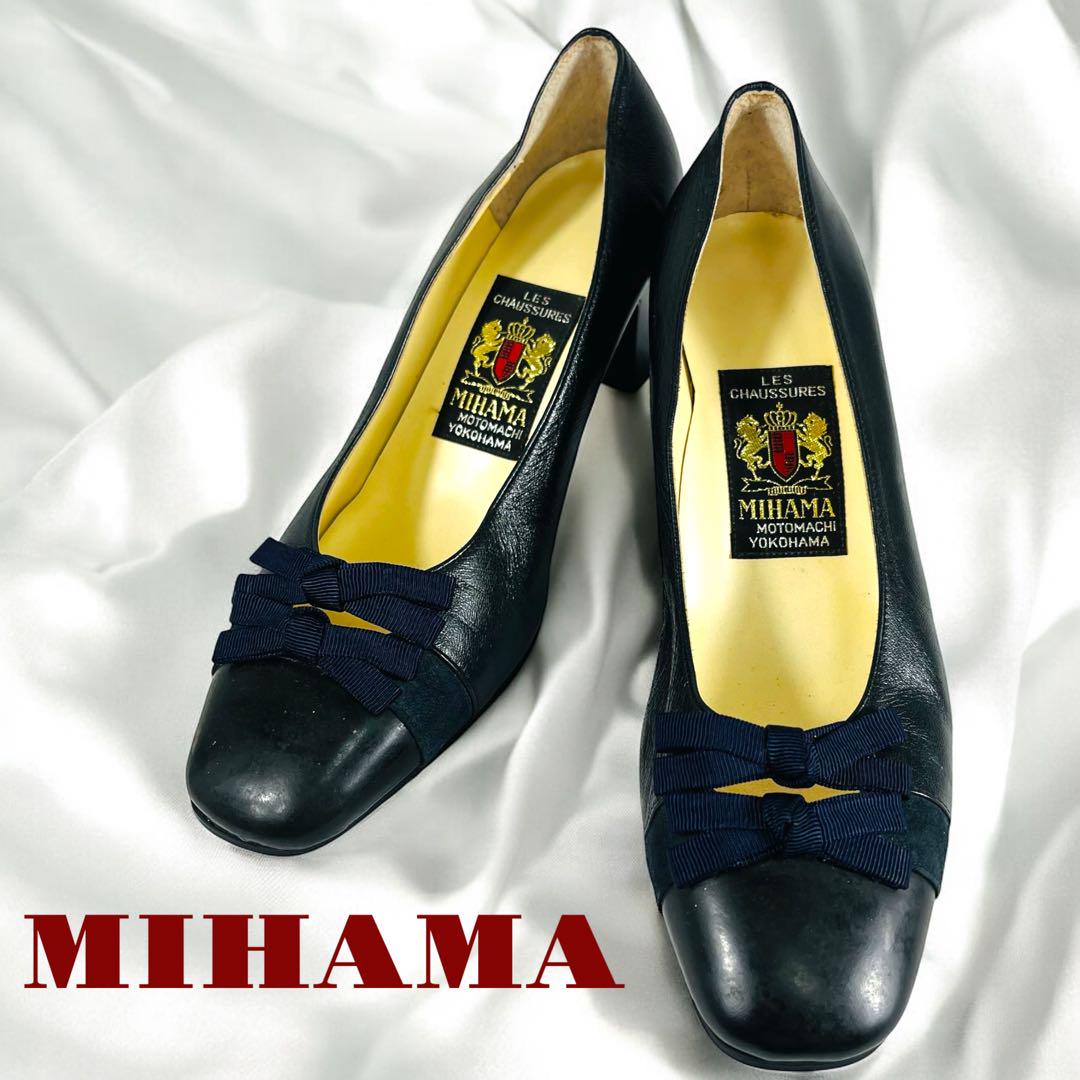 MIHAMA ミハマ　黒 レザー ハイヒール リボン付き