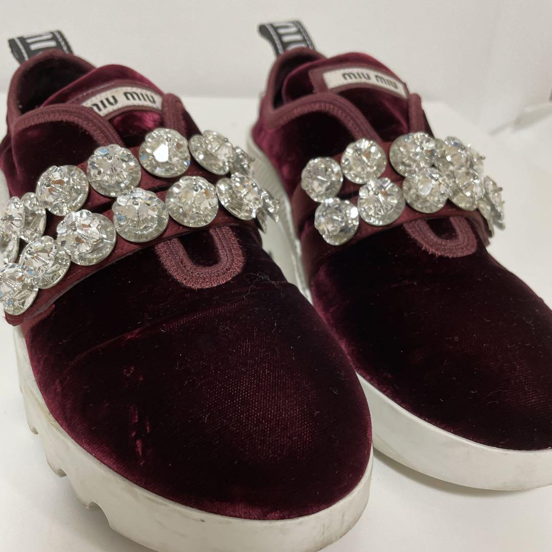 miu miu ミュウミュウ スニーカー ベロア ビジュー ボルドー 35