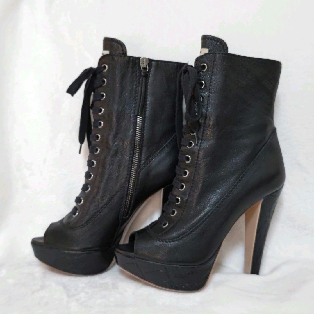 miumiu 36 オープントゥヒールブーツ 黒 レースアップ miumiu 36 オープントゥヒールブーツ 黒 レースアップ