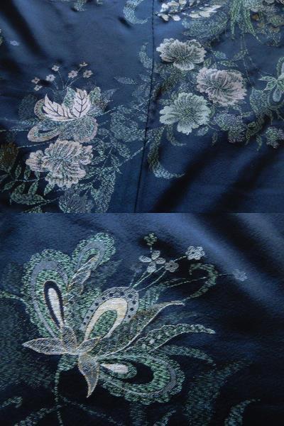 昭和のマジョリカのお召しの羽織・洋花・黒地・おしゃれ・キラキラ