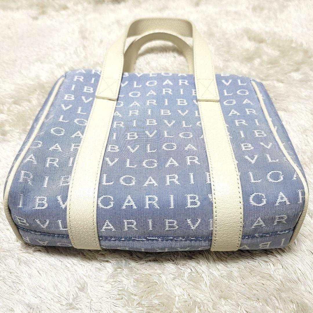 美品 ブルガリ ロゴマニア ミニトートバッグ ブルー オフホワイト