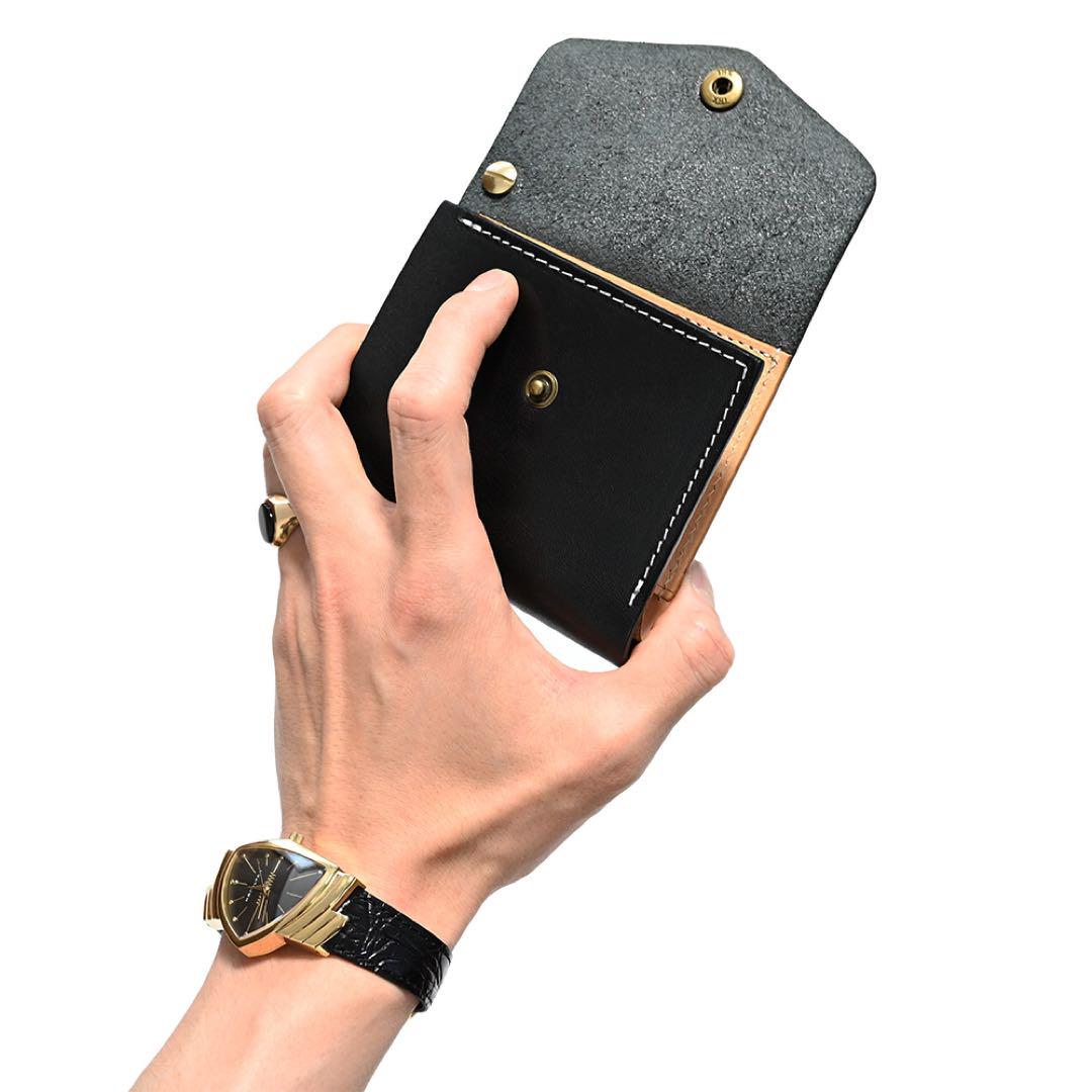 牛革ショートトラッカーウォレット ブラックレザー カウハイド ミニコンパクト財布