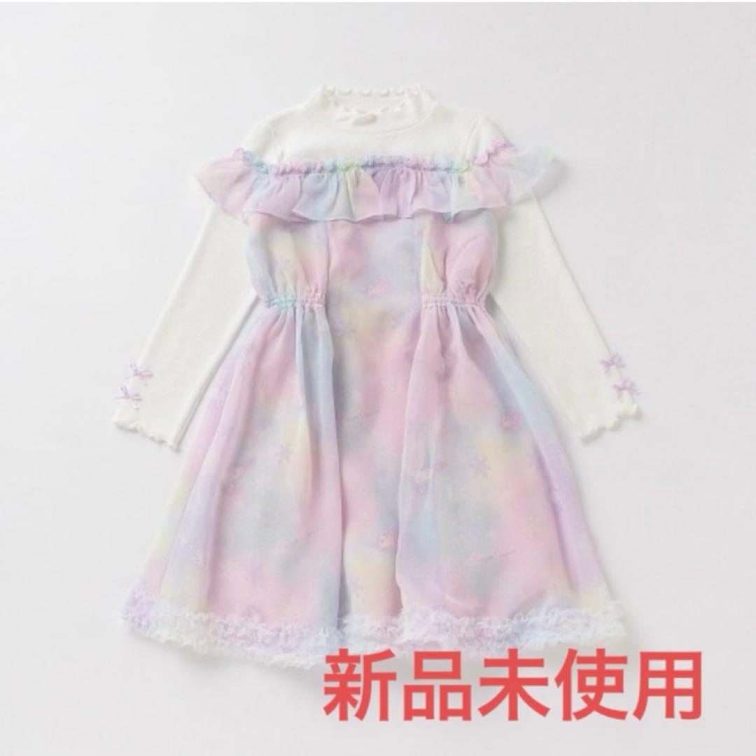 メゾピアノ ユニコーン総柄 シフォン切替ワンピース 130 ピンク130cm mezzo piano