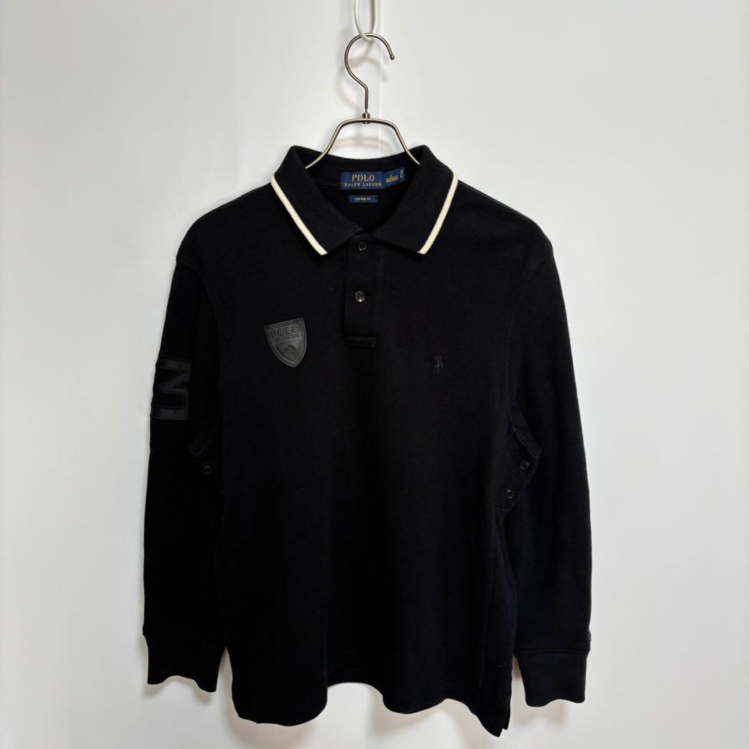 POLO RALPH RAUREN ポロシャツ長袖 ポロ ラルフローレン 長袖ポロシャツ L 黒×白 襟ライン 刺繍ロゴ
