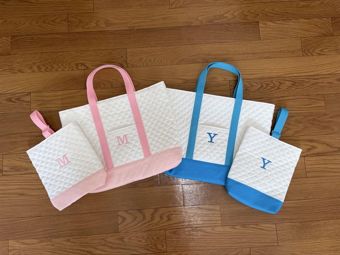 【ハンドメイド】イニシャル　お名前刺繍　レッスンバッグ　上履き入れセット　白 ハンドメイド】イニシャル刺繍 レッスンバッグ 上履き入れセット