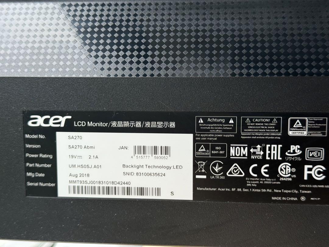 ACER SA270Abmi LCDモニター 27インチ フルHD 薄型