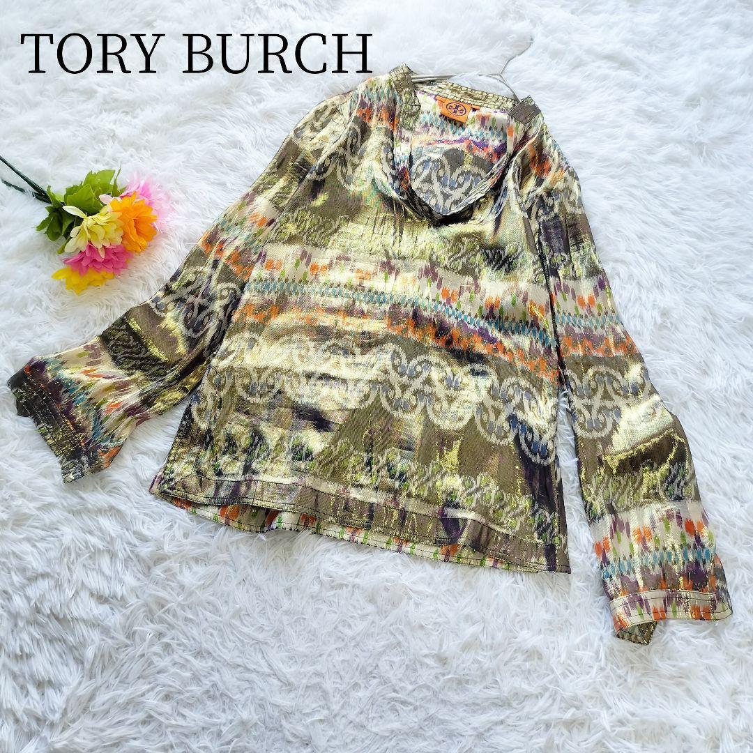 【トリーバーチ/TORY BURCH】【M】シルク 長袖シャツ 総柄 エスニック