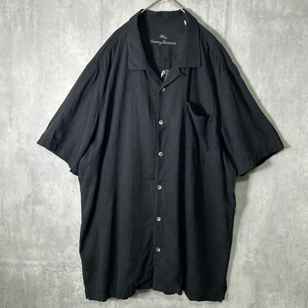 シルク 総柄 バック刺繍 アロハシャツ オープンカラー 黒 XXL