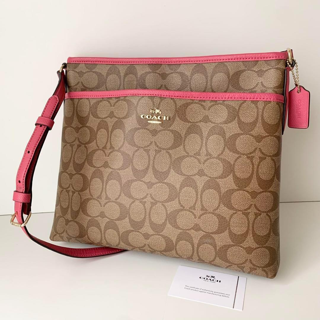 【COACH】コーチ　ショルダーバッグ　ベージュ　シグネチャー　ピンク　茶色