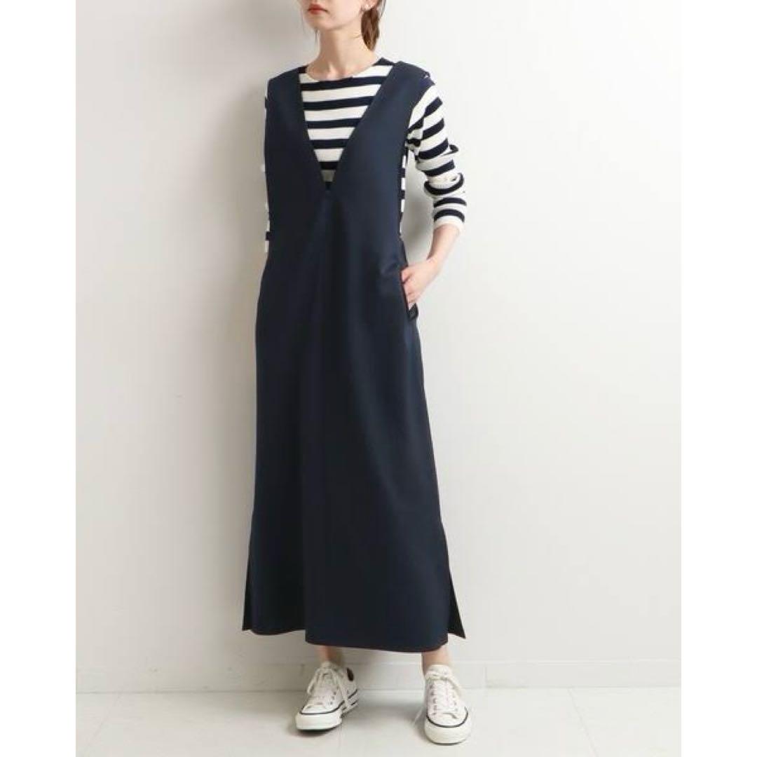 m281_IENA 極美品✨カットツイルワンピース 36 ネイビー サロペット