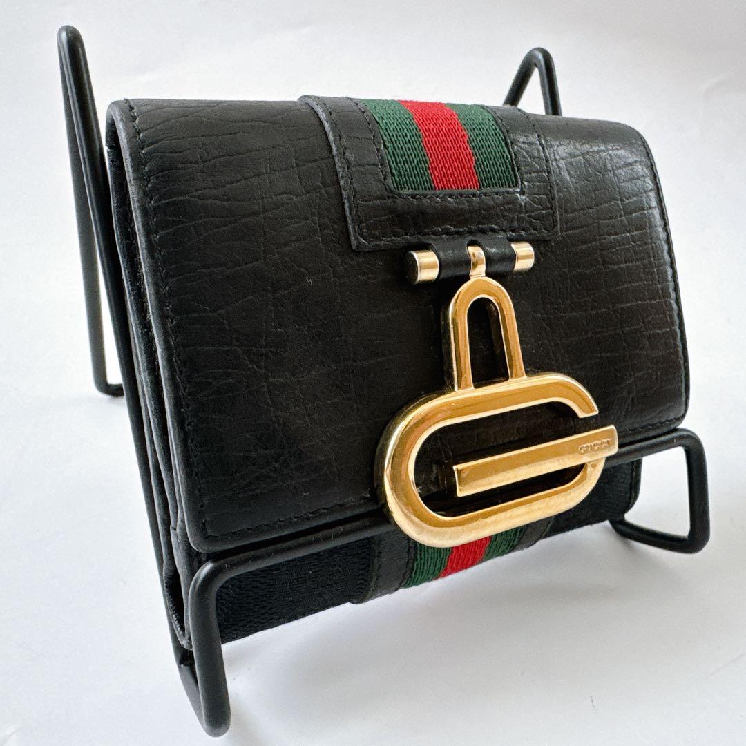 831 グッチ GUCCI 三つ折り財布 黒 レザー キャンバス GGパターン