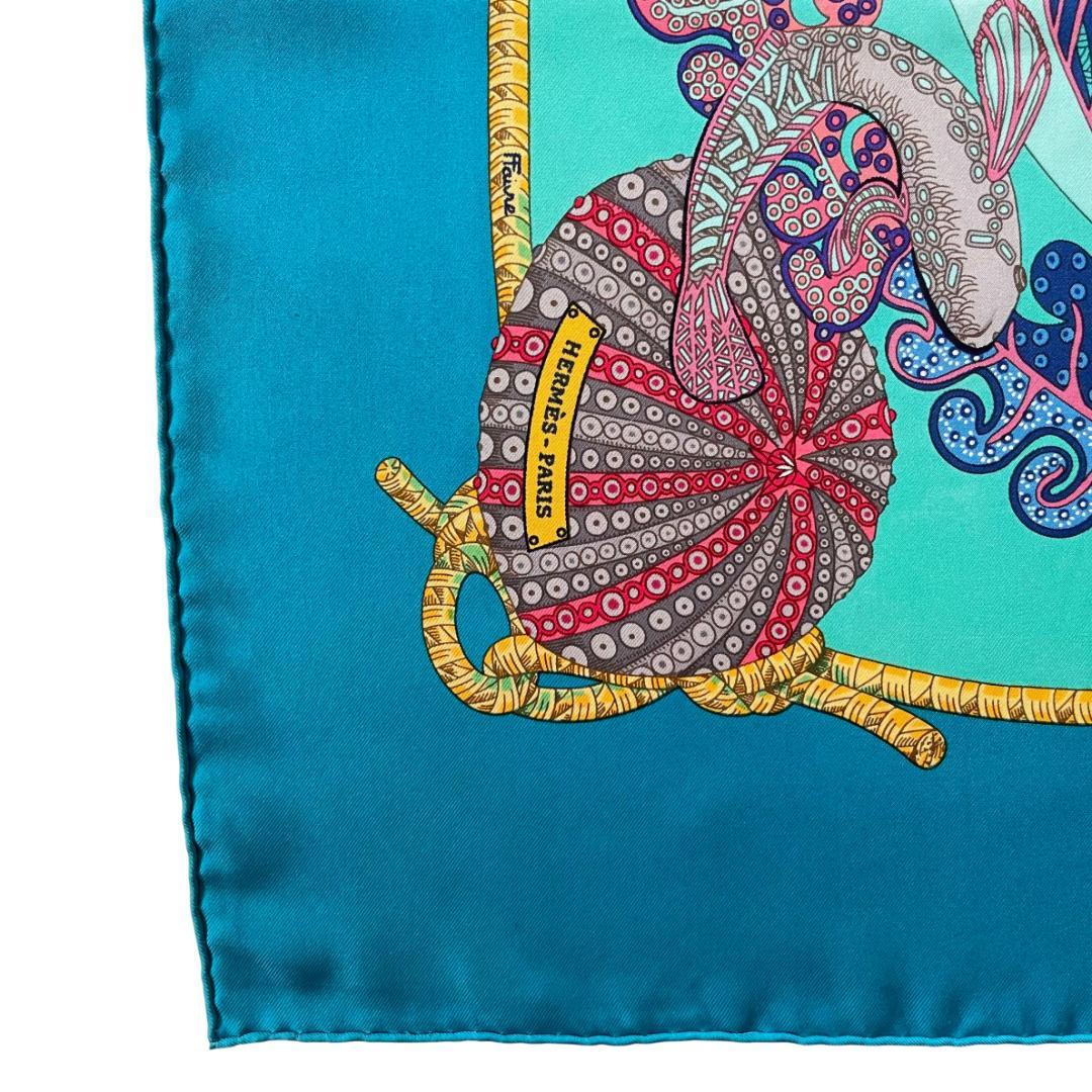 HERMES エルメス カレ90 深海魚 大判スカーフ タグ付 ターコイズブルー