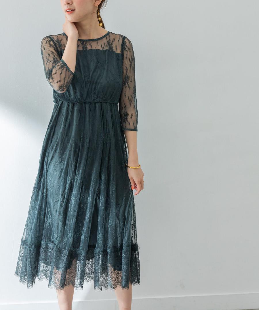 結婚式 二次会 新品 LA MAISON 総レースロングワンピース グリーン