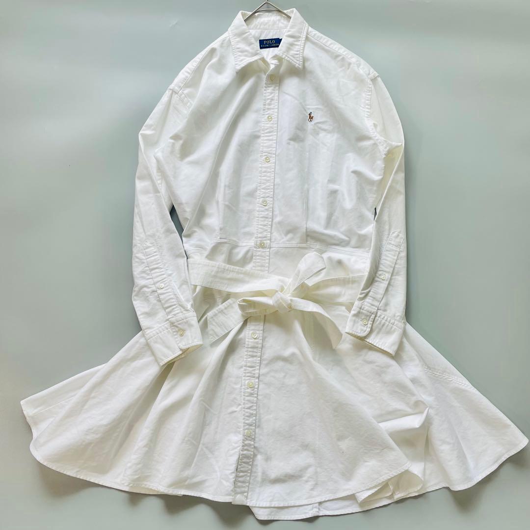 ポロラルフローレン シャツワンピース オックスフォード白 コットンベルト付きL POLO RALPH LAUREN