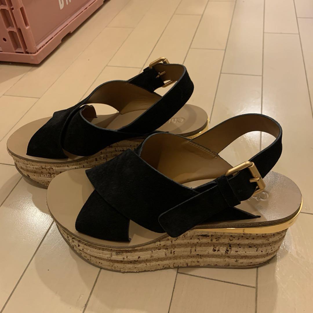 Chloé クロエ クロスストラップ ウェッジ 厚底 サンダル 黒 Chloé クロエ クロスストラップ ウェッジ 厚底 サンダル 黒