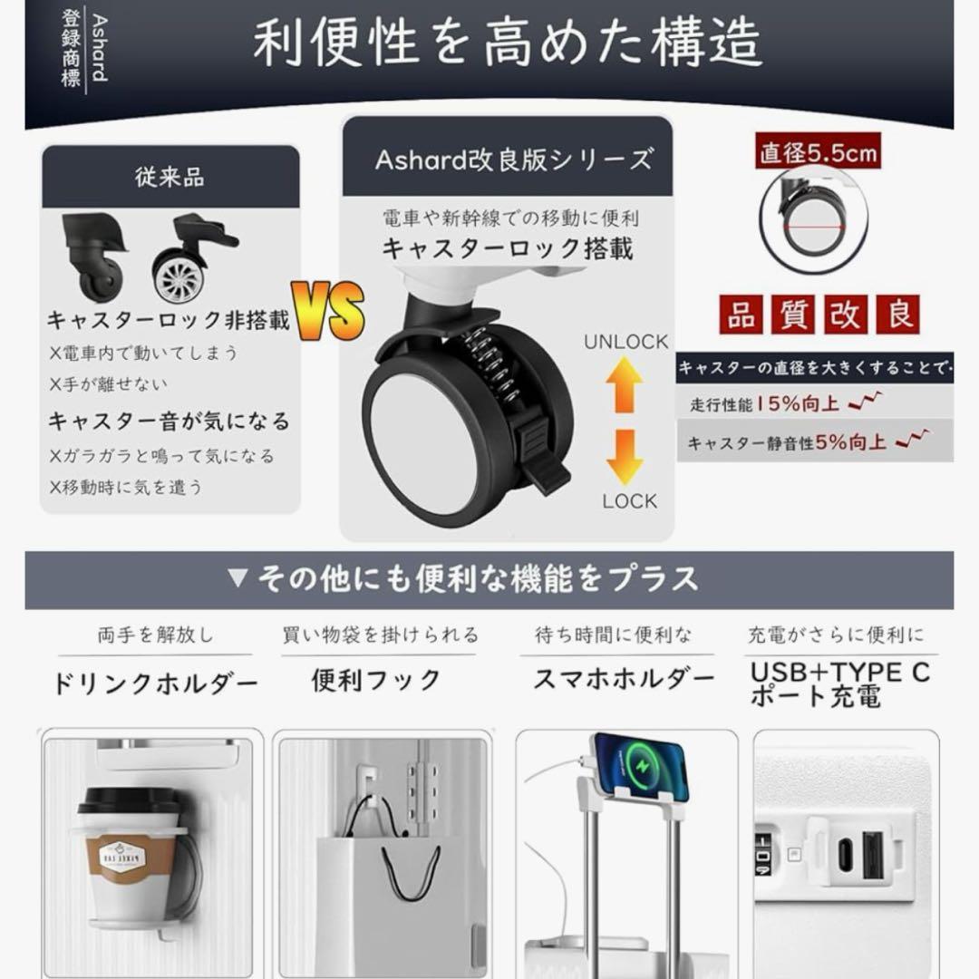高機能❣️キャリーケース S ホワイト USBポート ドリンクホルダー付き
