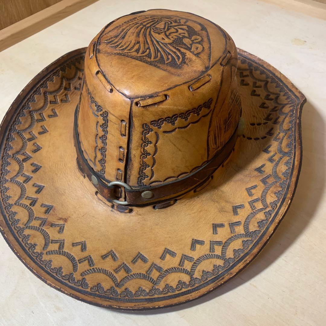 メキシコ カウボーイハット テンガロン レザー 茶色 模様 彫刻 メキシコ カウボーイハット テンガロン レザー 茶色 模様 彫刻