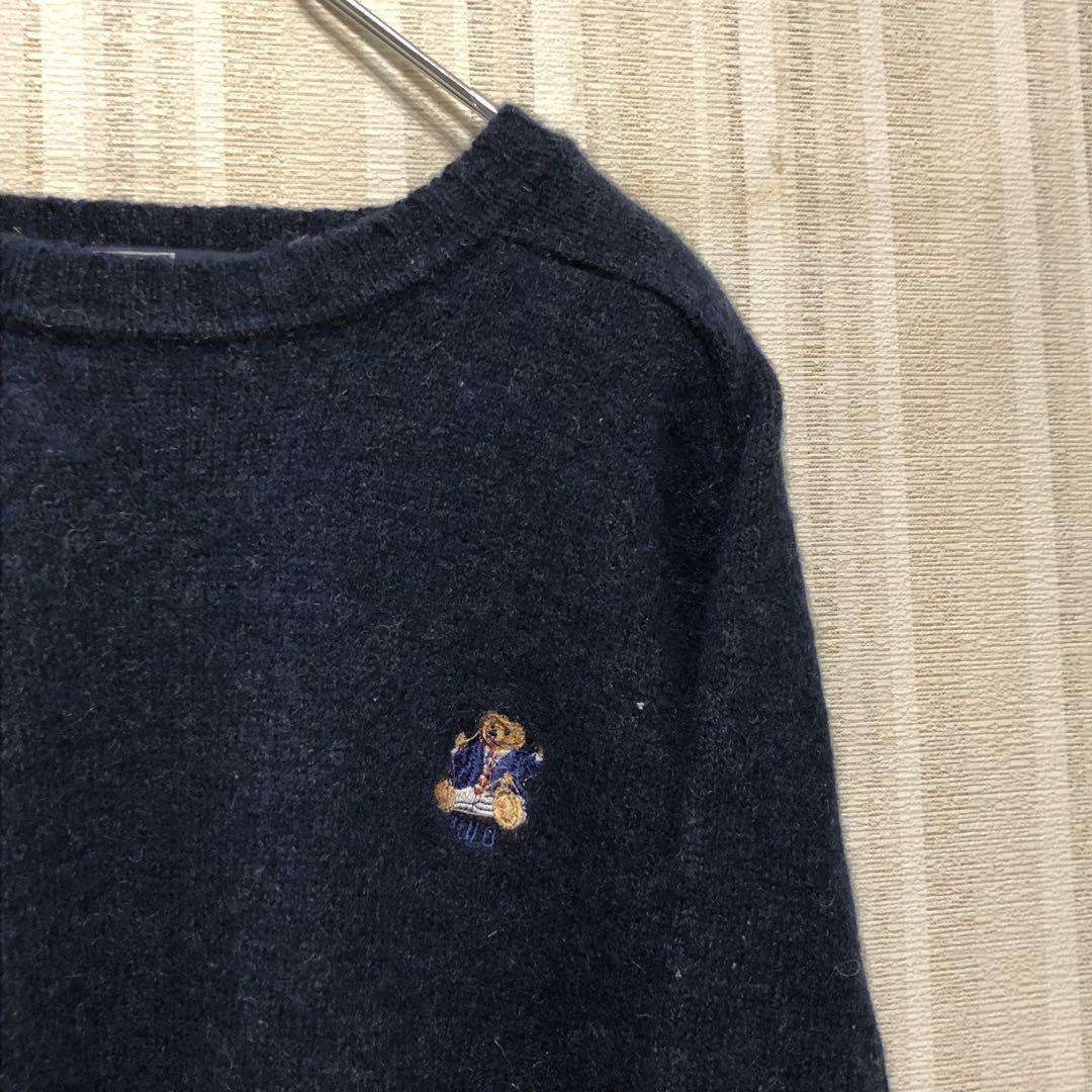 90s 上質 ビンテージ ラルフローレン ポロベアー ウールニット ネイビー