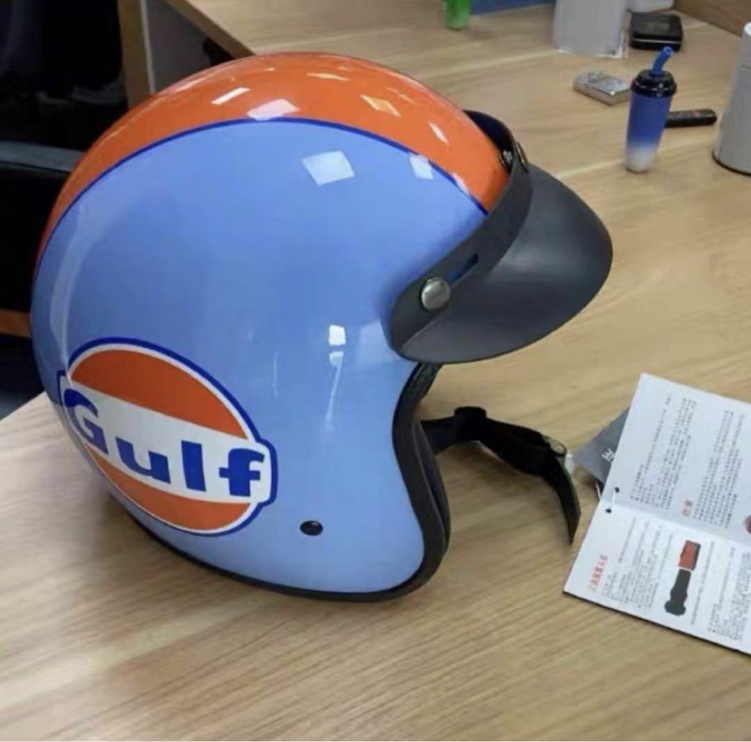 Gulf ジェットヘルメット 青・オレンジ バブルレンズ付き バイザー付き