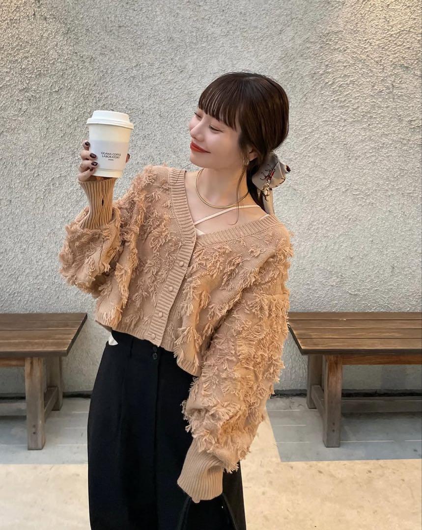 超ポイントアップ祭 hinari ヒナリ フリンジニットショートカーディガン ピンクベ トップス
