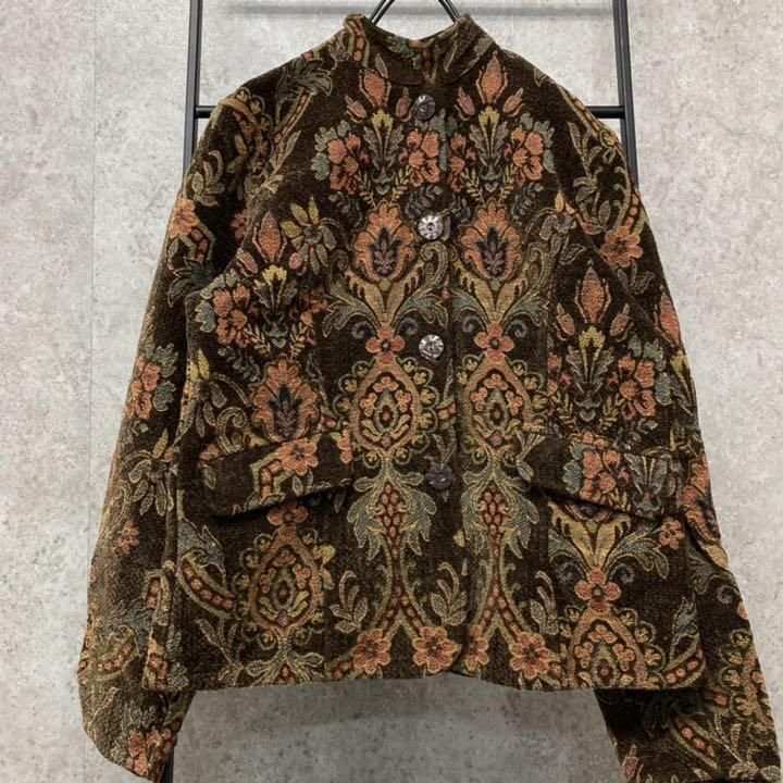 大好き レディースL ジャケット ゴブラン 総柄 レトロ 《US古着 割引50% 総柄 ゴブラン織 ジャケット ブラック ベージュ ヴィンテージ感 USA製古着 その他