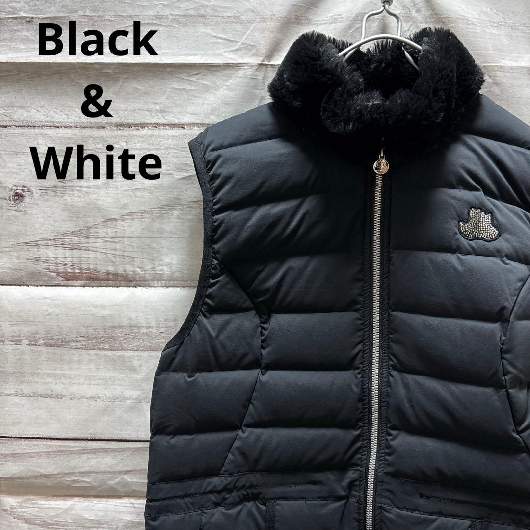 Black White ファー付き ロングダウンベスト ロゴ スワロ ゴルフM Black&White
