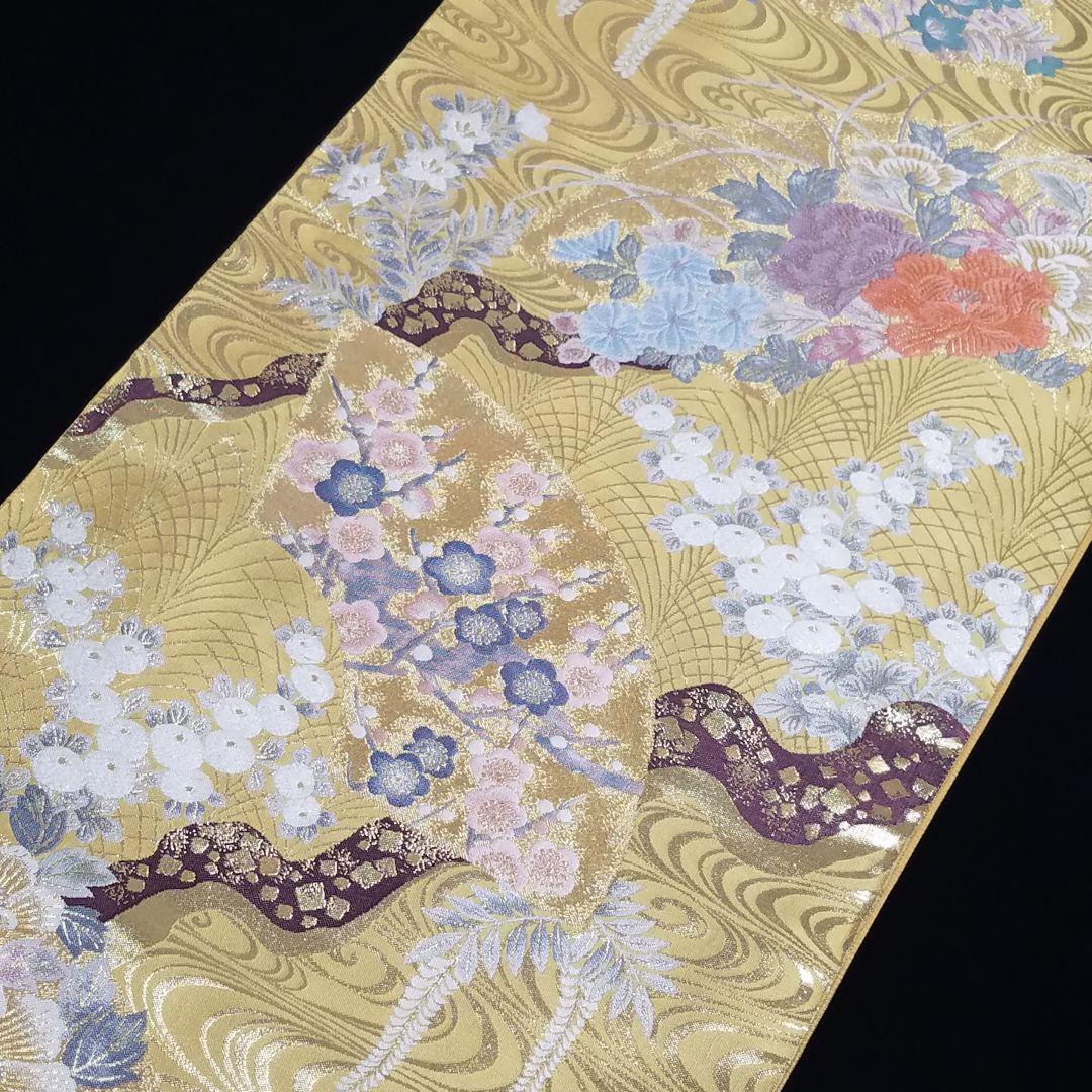 M3423【着物と帯 京月花】□黄土色流水に花模様織り出し西陣正絹