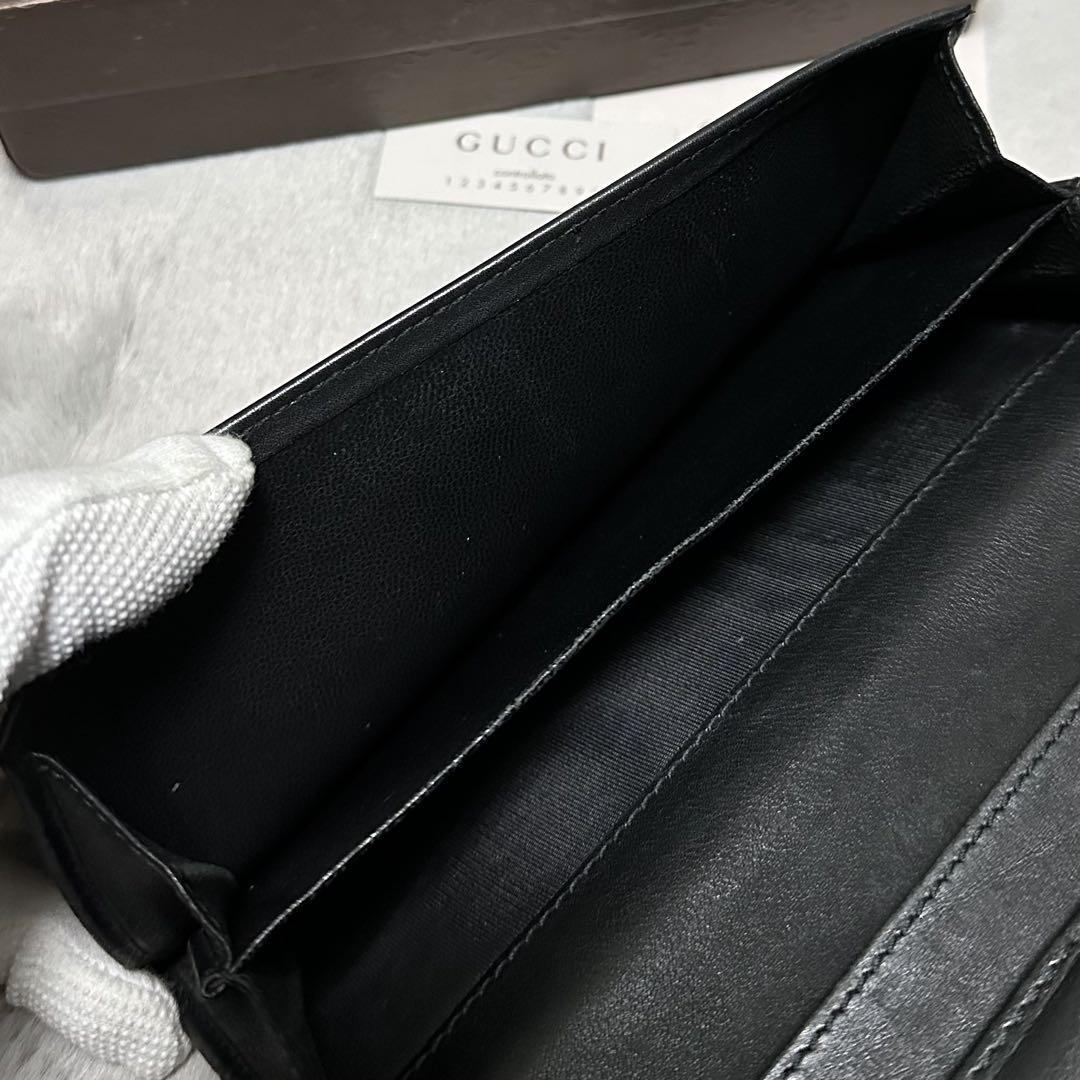 GUCCI グッチ　長財布　メタルロゴ　GG シマレザー　ブラック