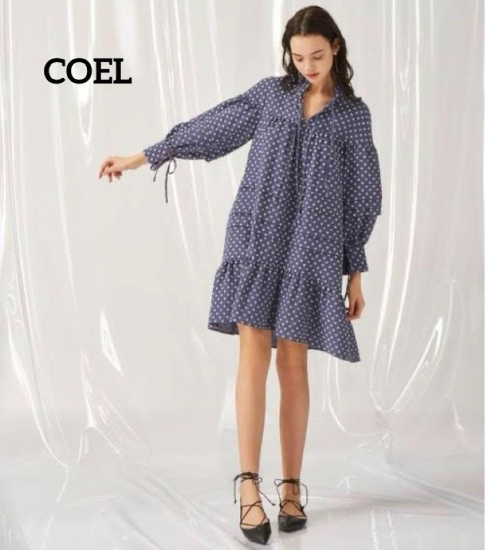 【美品】COEL 小花柄 ボリューム シャツ ワンピース フレア 長袖 free