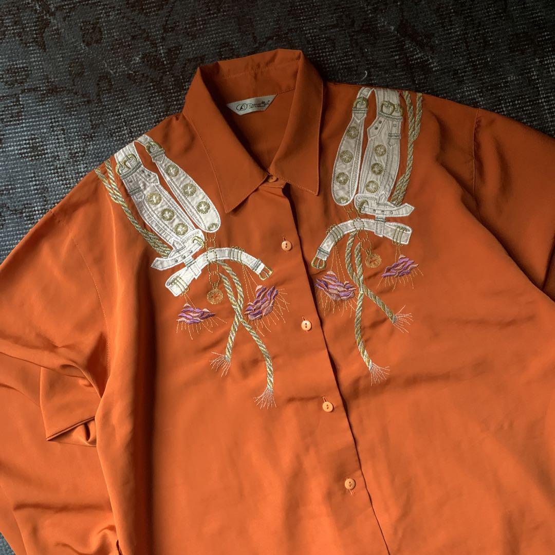 希少 90s 豪華 デザインシャツ 刺繍 レトロ vintage オレンジ 古着