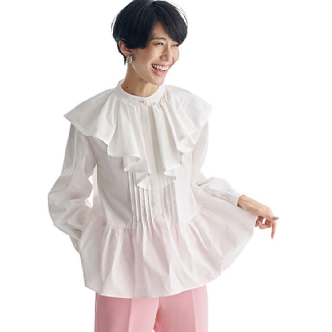 期間限定価格商品 VERY掲載 sono ホワイト ラッフルカラーチュニックブラウス シャツ+ブラウス(長袖+七分)