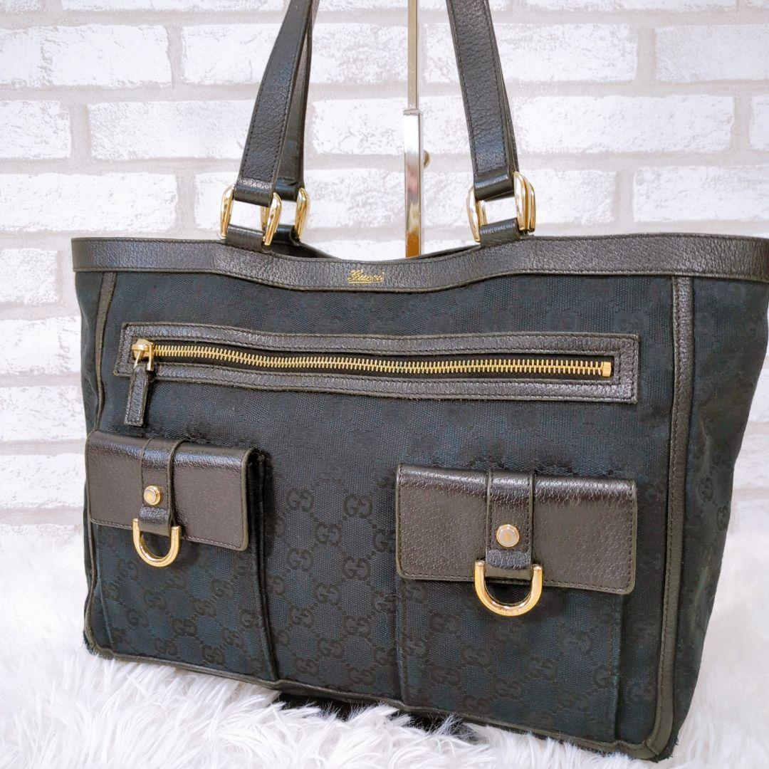おまつ　GUCCI ブラック トートバッグ キャン ✨美品✨ GUCCI トートバッグ キャンバス レザー GG ベルト ブラック