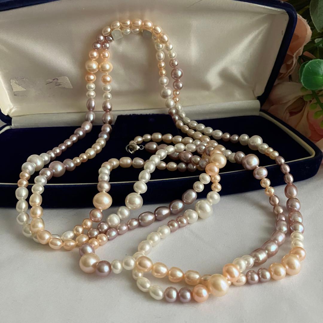 ロングパール✨マルチカラー　パールネックレス　真珠　silver 10,500円