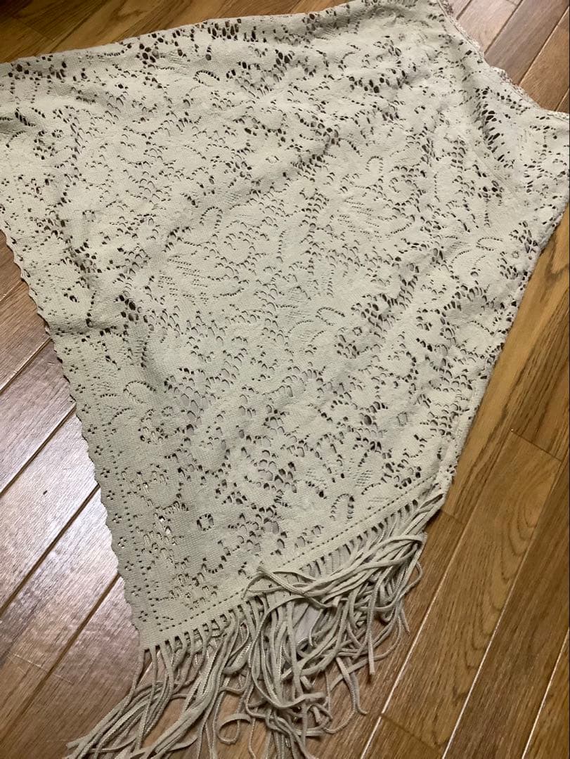 【希少】アシンメトリー変形　生成りニットレース　フリンジロングスカート