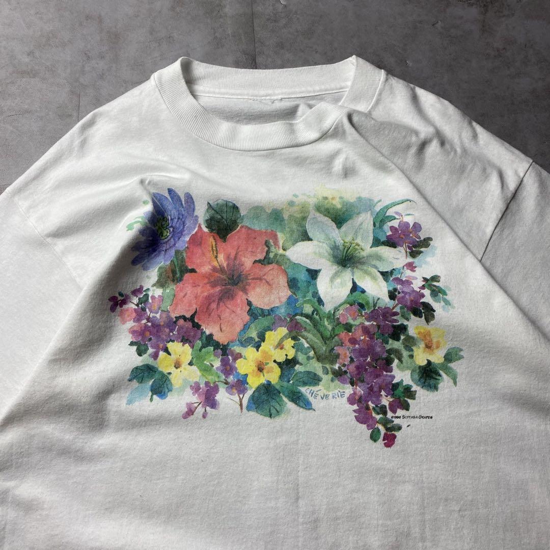 入手困難】90s 水彩画 アート 花柄 Tシャツ シングルステッチ