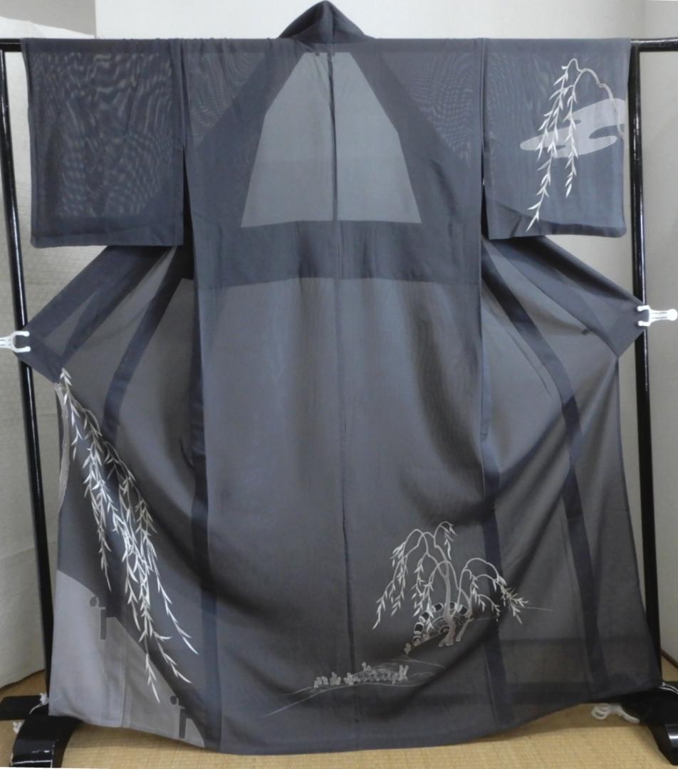 正絹・絽地友禅染訪問着着物・日本の庭 柳 水車・シックカラー