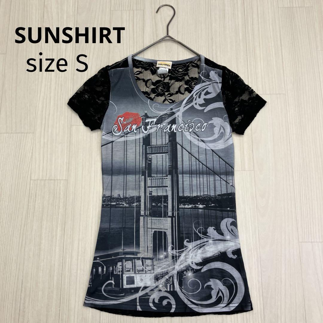 ◇ SUNSHIRT 透け レース切替 半袖 カットソー プリント Tシャツ