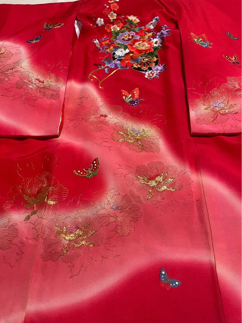産着　お宮参り　女の子　正絹　総刺繍　金駒刺繍　半襟付き　長襦袢付き　赤　ピンク