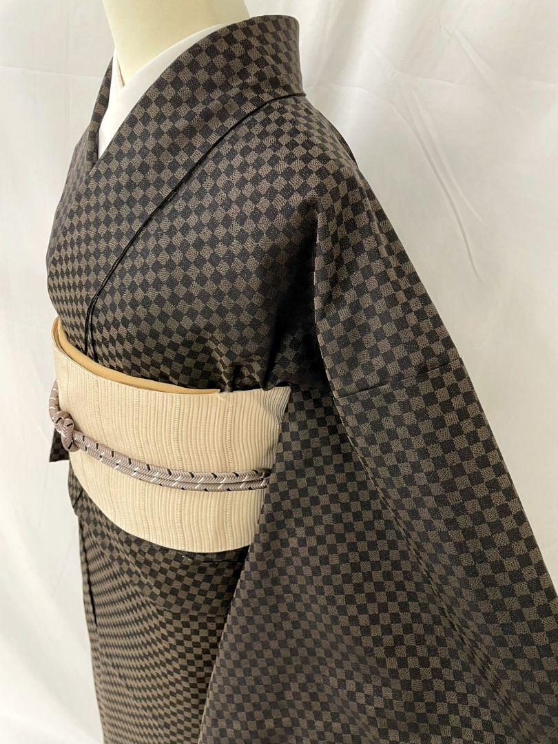 美品　正絹単衣　市松柄お召単品