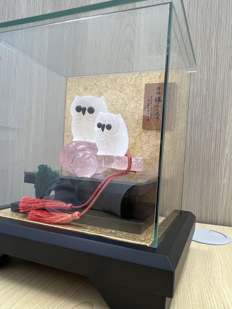 一級宝石研磨士 水晶 彫刻 福ふくろう 紅水晶 貴石彫刻細工 招福 縁起 置物