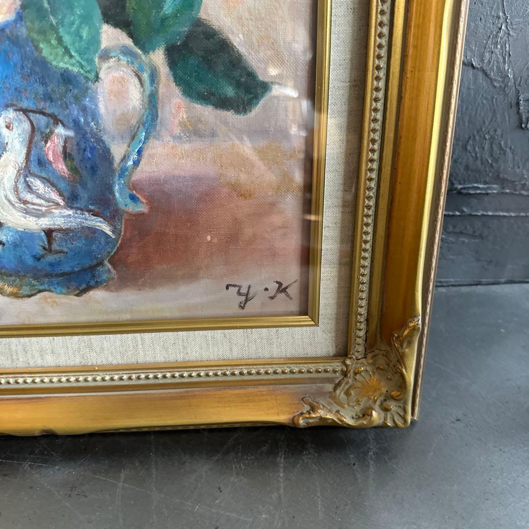 とても雰囲気のよい優しいバラと鳥の絵 油彩画 花瓶のバラ ヴィンテージ とても雰囲気のよい優しいバラと鳥の絵 油彩画 花瓶のバラ ヴィンテージ