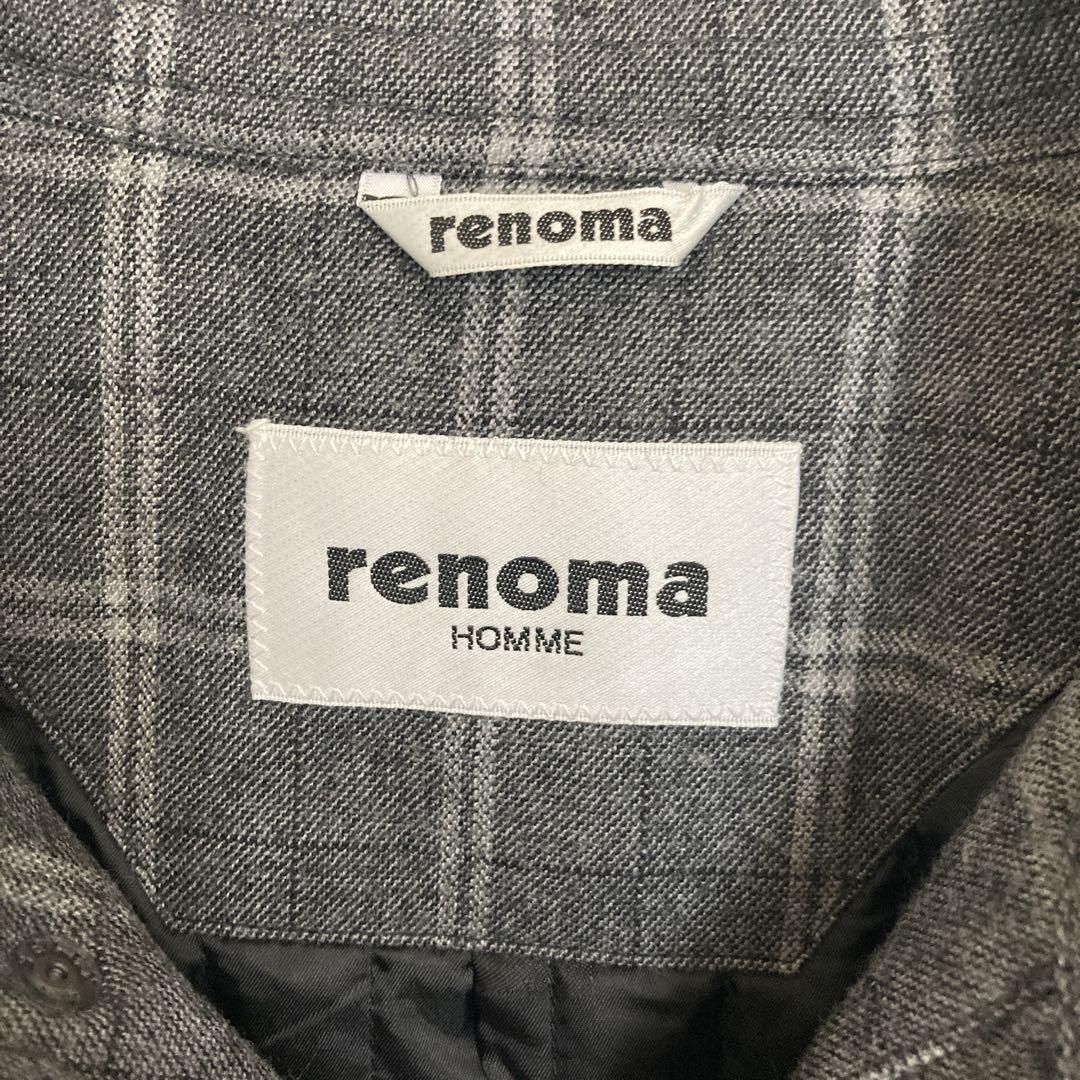 renoma homme レノマオム チェック柄 ロング フード付コート LL